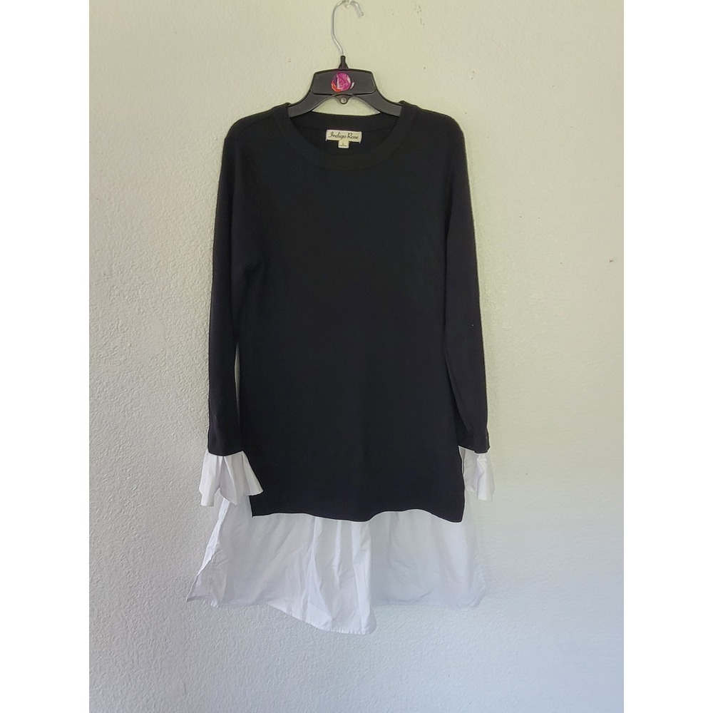 Indigo Rose Black White Mixed Media Sweater Dress Ruffle Cuff Tunic Large #16